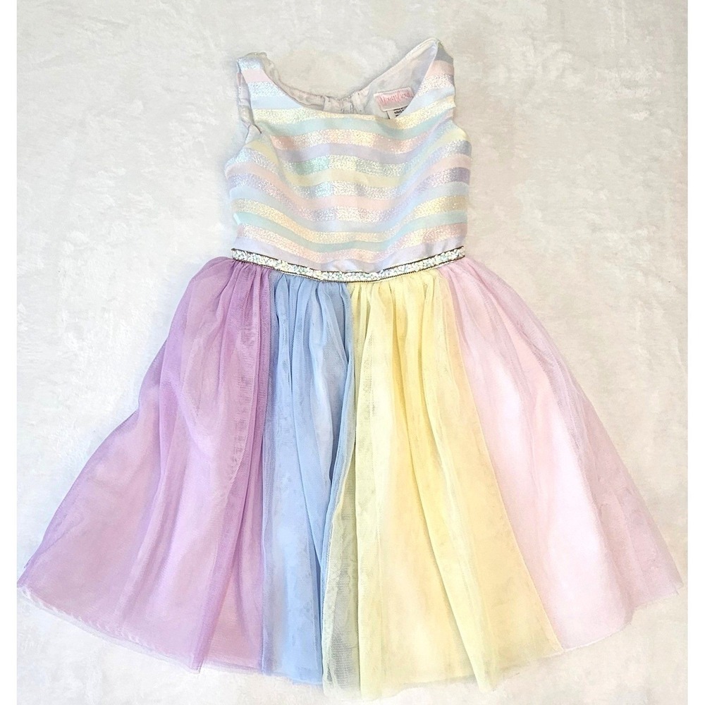 Youngland Girls 5 Pastel Rainbow Tulle Party Dress Sequin‎ Waist Metallic Stripe